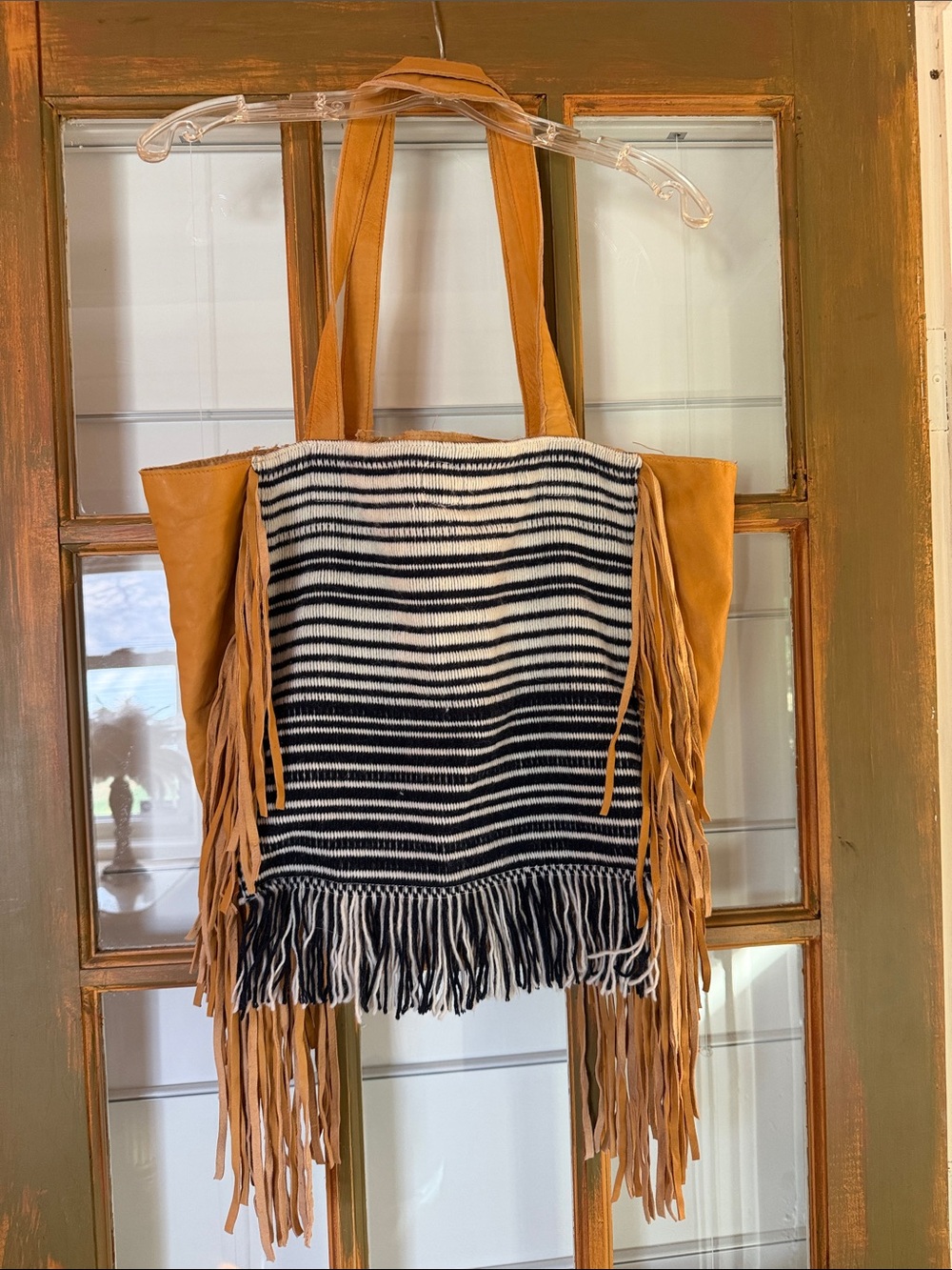 Chaser.   NWT. Fringed Stripe Tote Bag in Black & Tan
